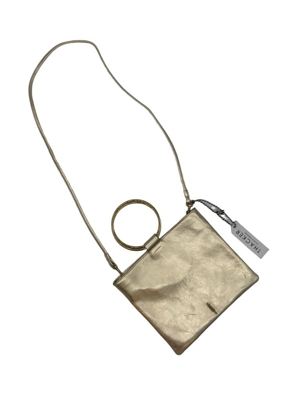 Thacker Le Pouch Gold Handbag with Ring Handle and Long Strap NWT